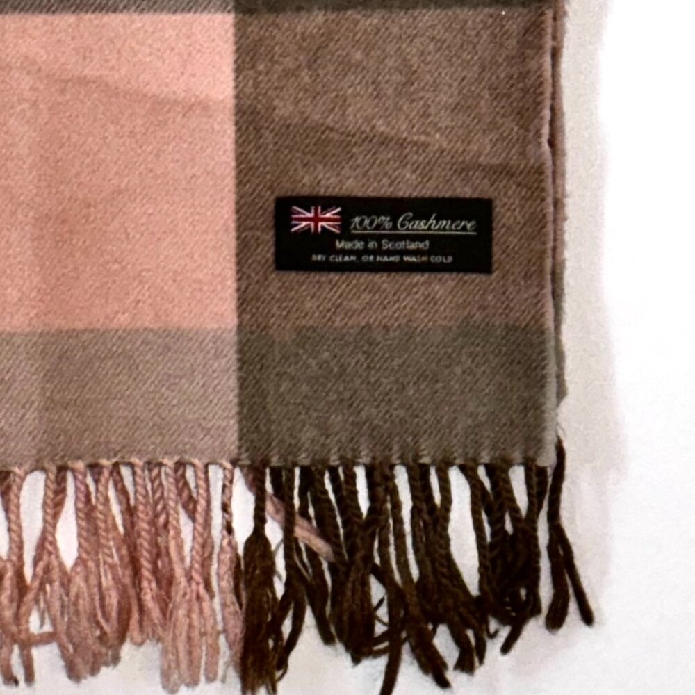 Scotland Cashmere Scarf Soft Pink Taupe Gray Plaid Fringed Ends  NEW